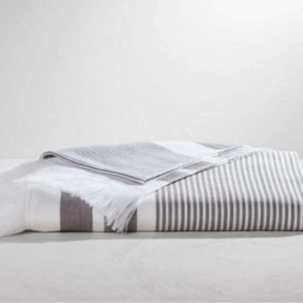 Gray and White oversized (2) Towels with Striped Design